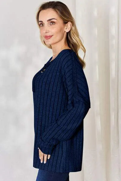 Basic Bae Full Size Ribbed Half Button Long Sleeve T-Shirt Women's T-Shirts - Tophatter Daily Deals